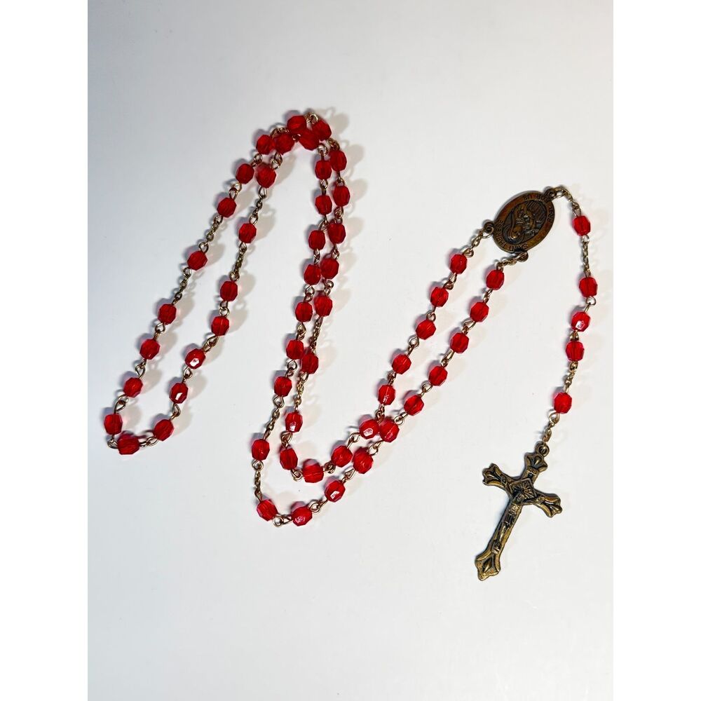 Red Glass Bead Rosary St Therese Copper Crucifix No Clasp 28 In